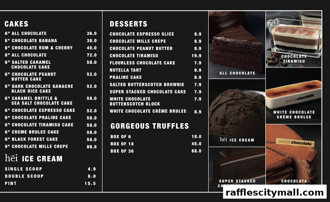 A menu showcasing various cakes, desserts, ice cream, and truffles with prices.