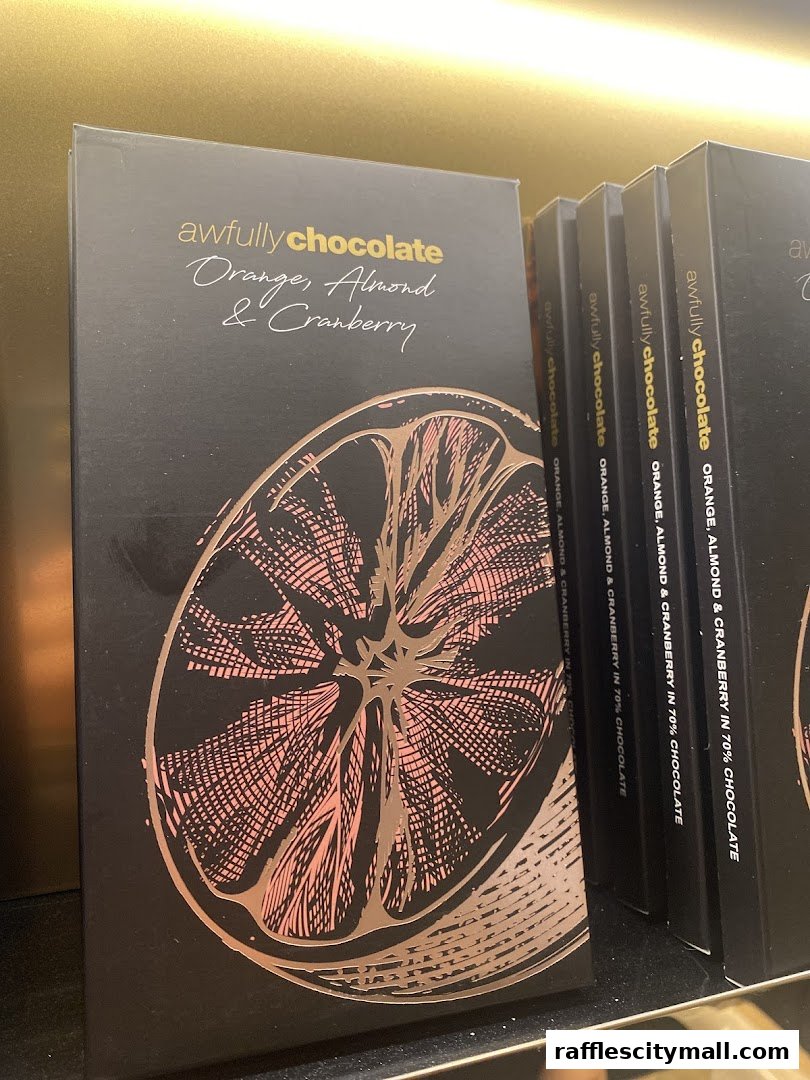 Boxes of Awfully Chocolate with orange, almond, and cranberry flavor.