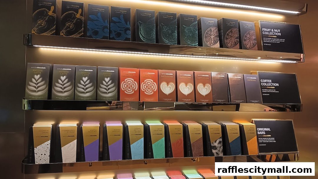 Shelves filled with various chocolate bars and collections from Awfully Chocolate.