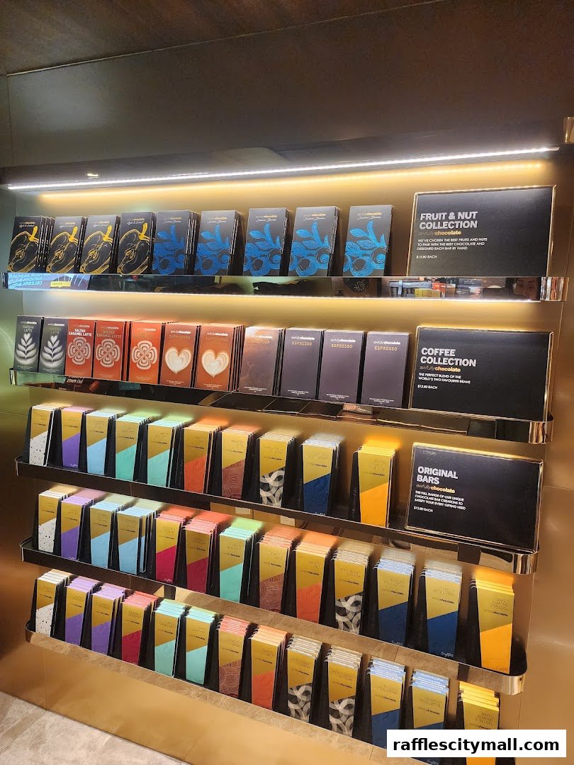 A display of assorted chocolate bars in various colorful packaging, neatly arranged on shelves.