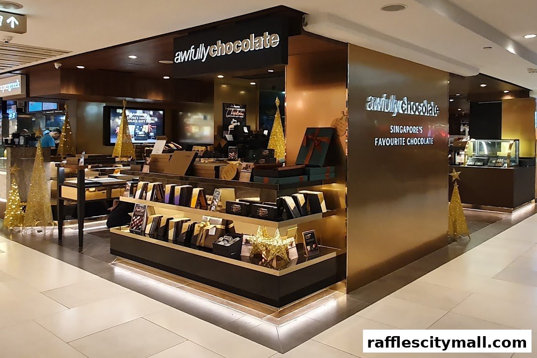 Awfully Chocolate shop with displays of chocolate boxes and festive decorations.
