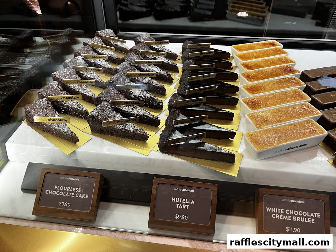 A display of various chocolate cakes and creme brulee desserts at a bakery.