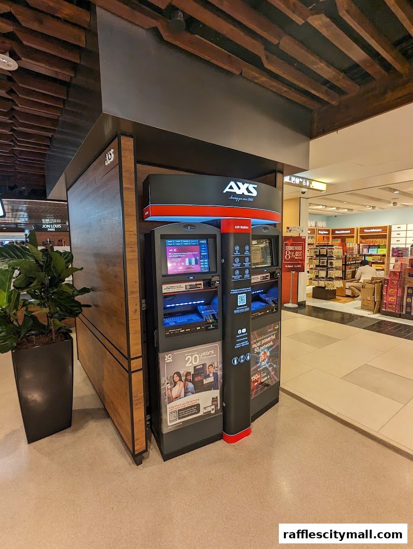 AXS Station kiosk with multiple terminals and promotional posters in a shopping mall.