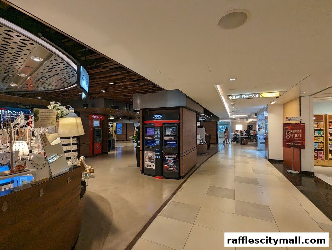 A shopping mall corridor with various shops and ATMs, including AXS Station.