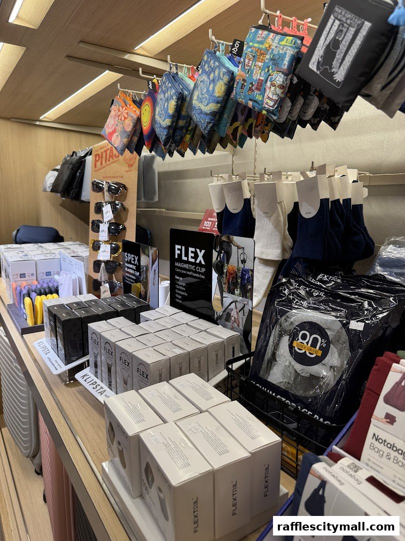 A retail display featuring various travel accessories like socks, bags, sunglasses, and storage solutions.