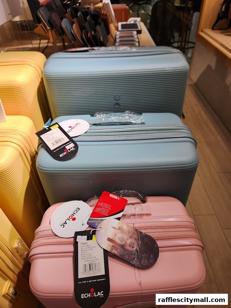 A display of colorful suitcases, featuring pastel blue and pink options, with tags attached.