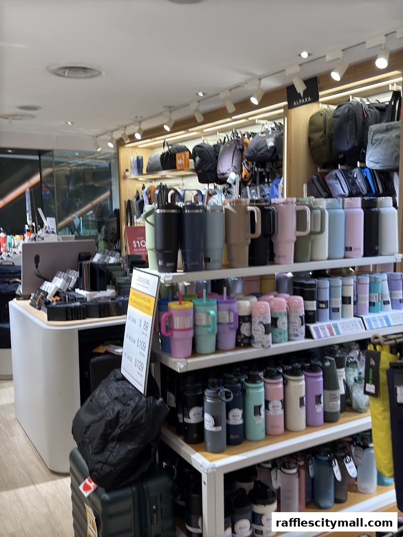 A retail store interior displaying various travel bags and insulated water bottles on shelves.