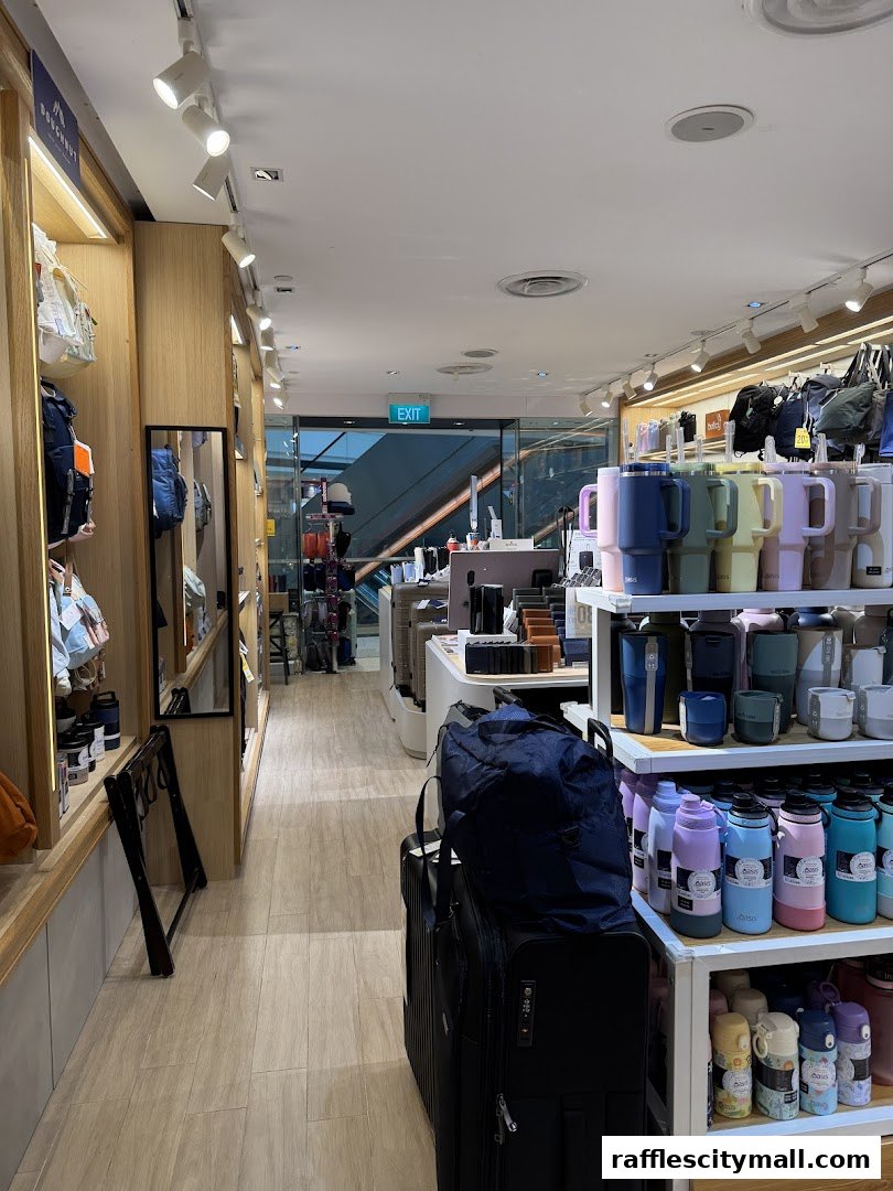 Interior view of a retail store showcasing backpacks, travel bags, and insulated tumblers.