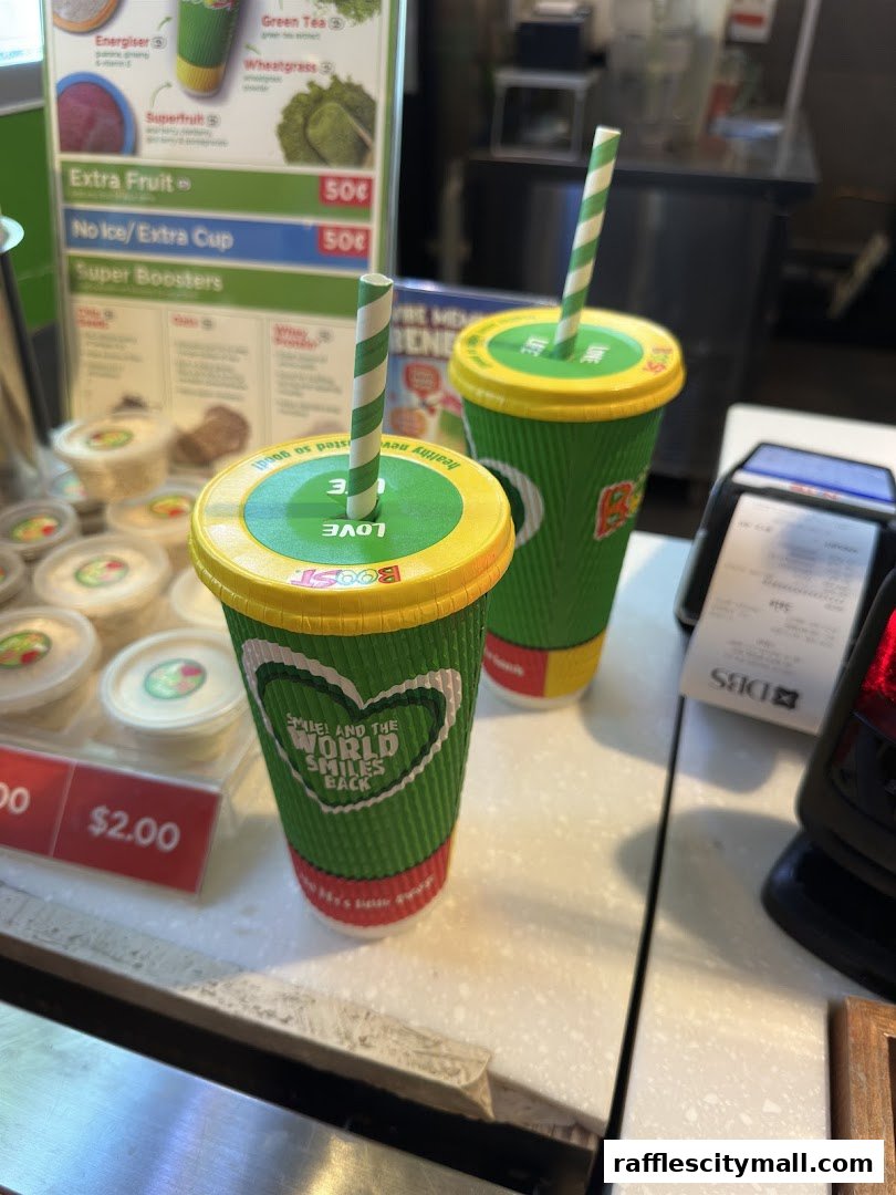 Two Boost Juice cups with straws on a counter, with a menu and payment terminal in the background.