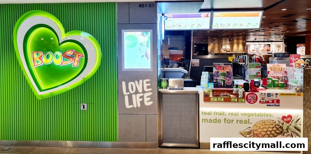 The Boost Juice shop front with its iconic heart logo and menu boards visible.