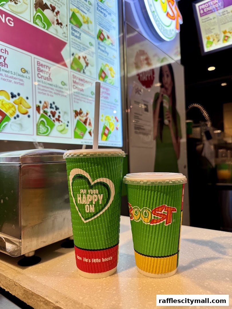Two green Boost Juice cups sit on a counter in front of a menu display.