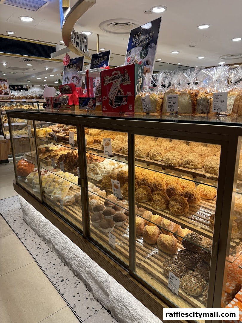 A display case filled with various freshly baked breads and pastries at BreadTalk.