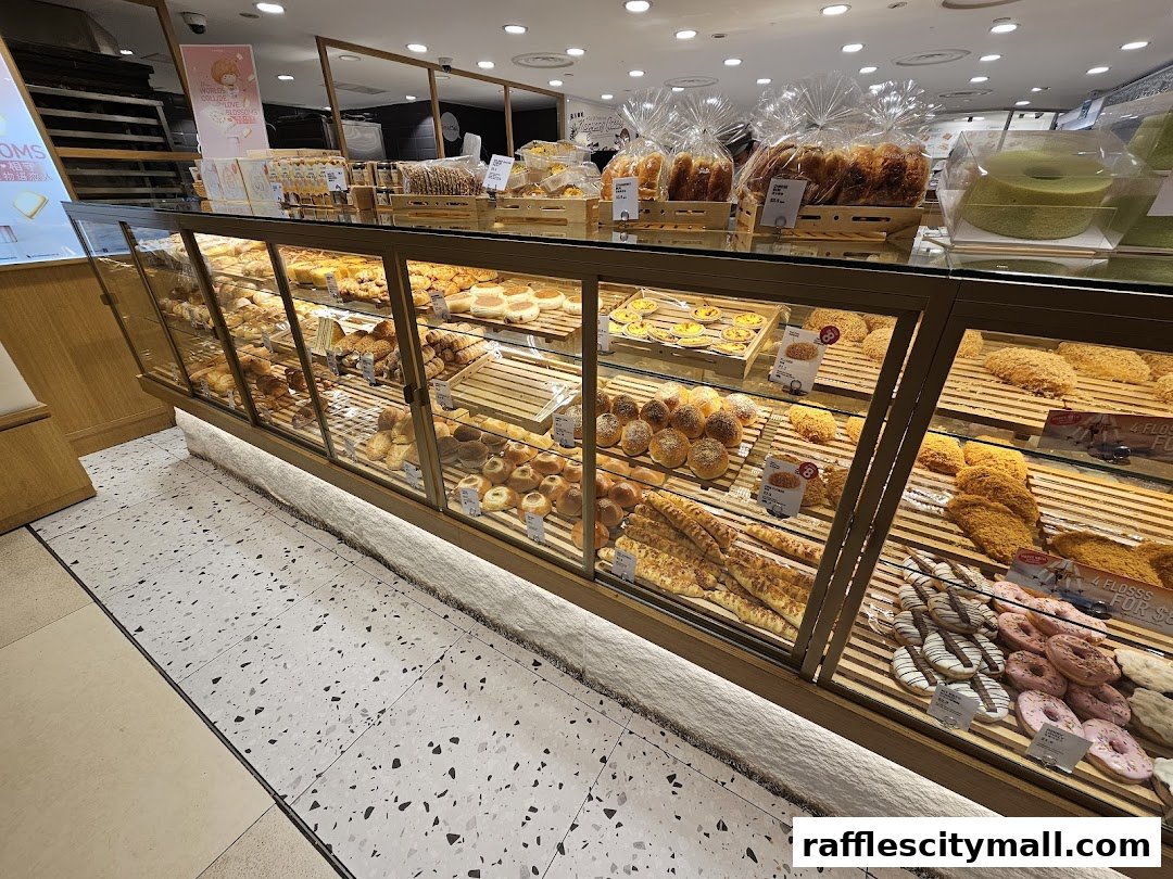 A display case filled with a variety of freshly baked breads, pastries, and cakes at BreadTalk.