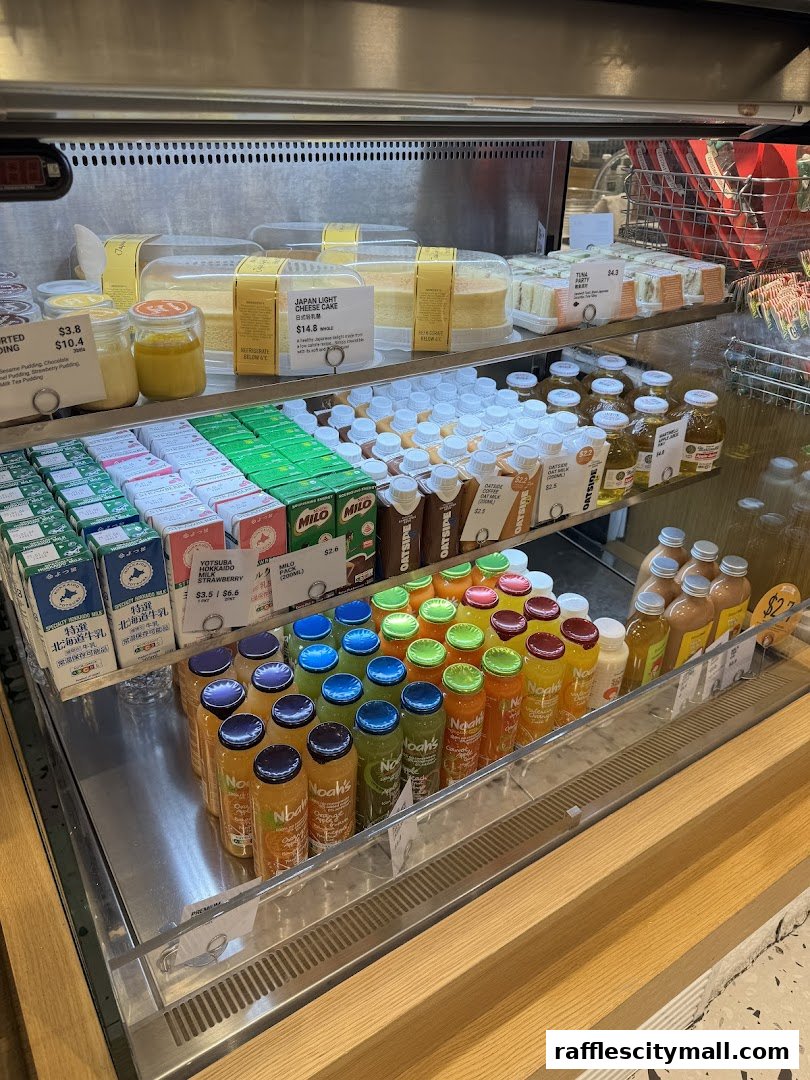 A display case filled with various drinks, cakes, and sandwiches from BreadTalk.