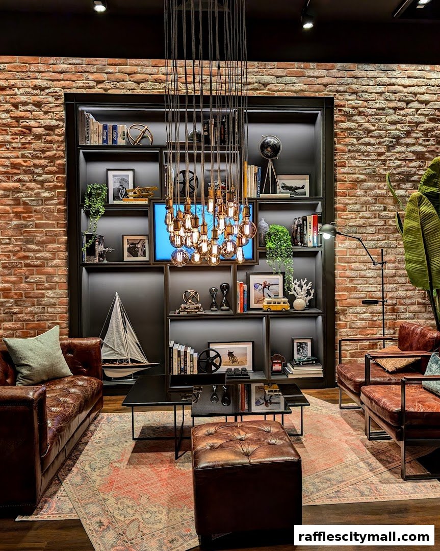 A stylish lounge area with leather sofas, a unique chandelier, and a brick wall.