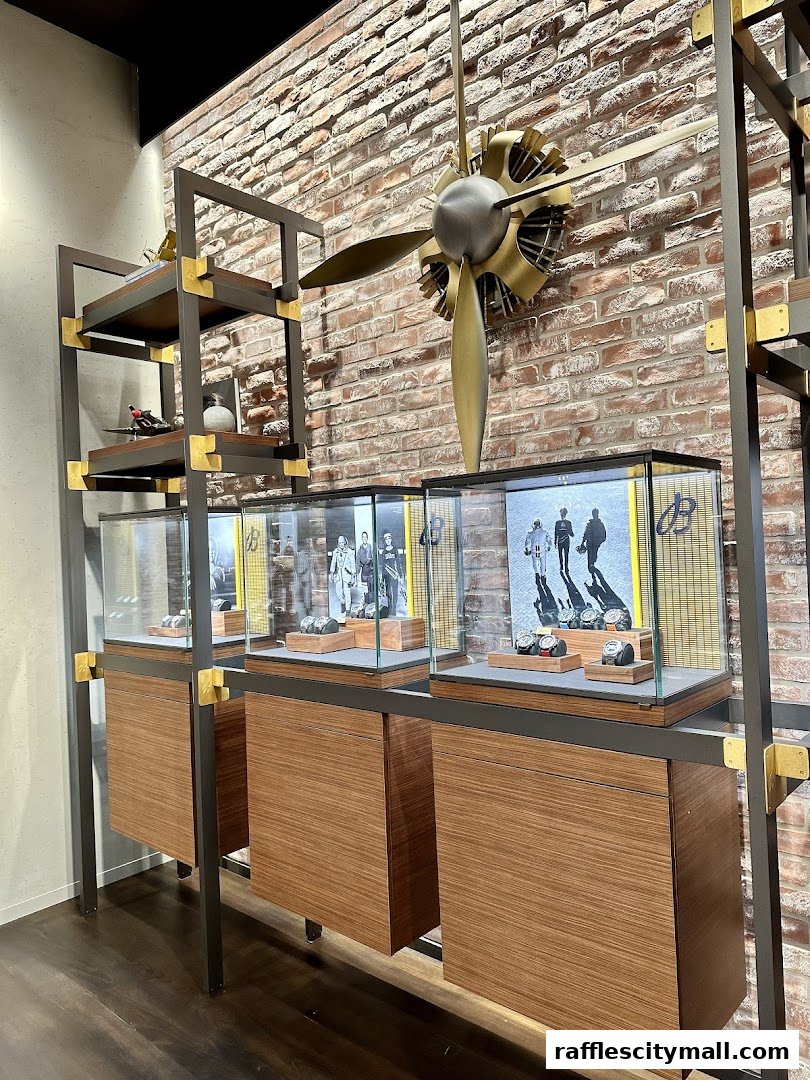 Interior of a Breitling boutique showcasing watches in display cases with a propeller decor.