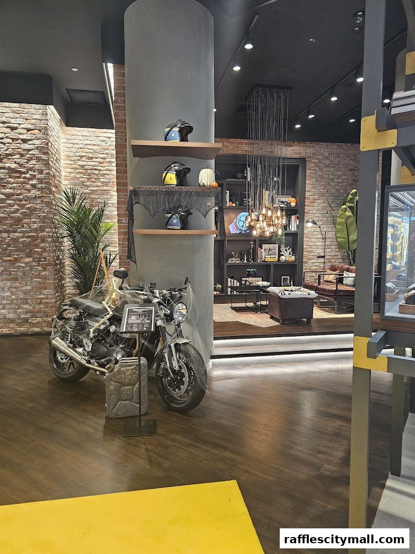 Interior of a Breitling boutique with a motorcycle and display shelves.
