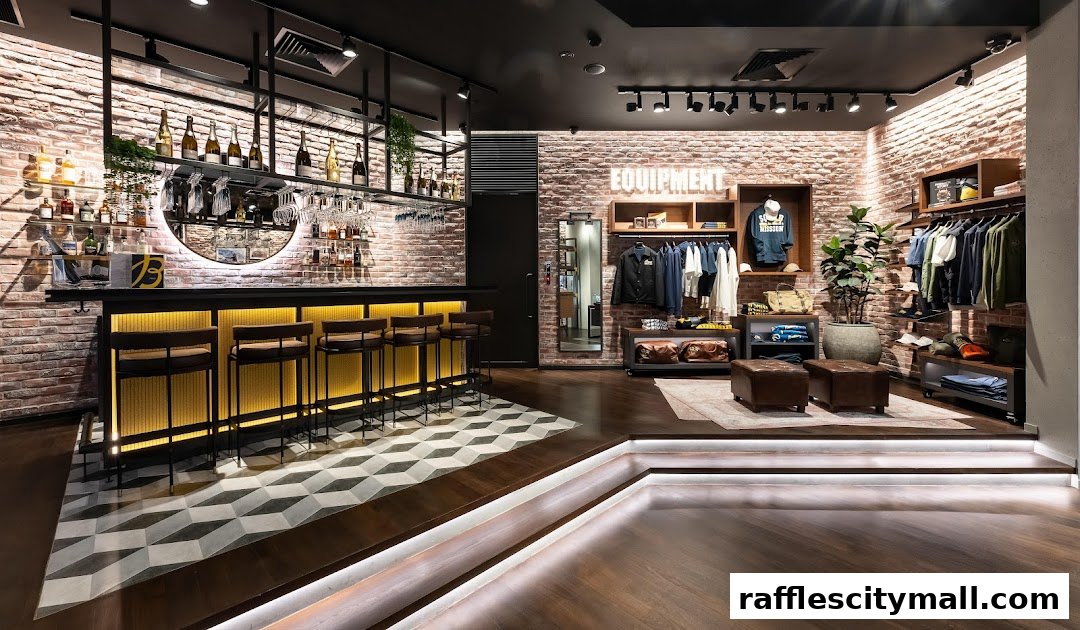 Interior of a stylish boutique with a bar area and clothing displays.