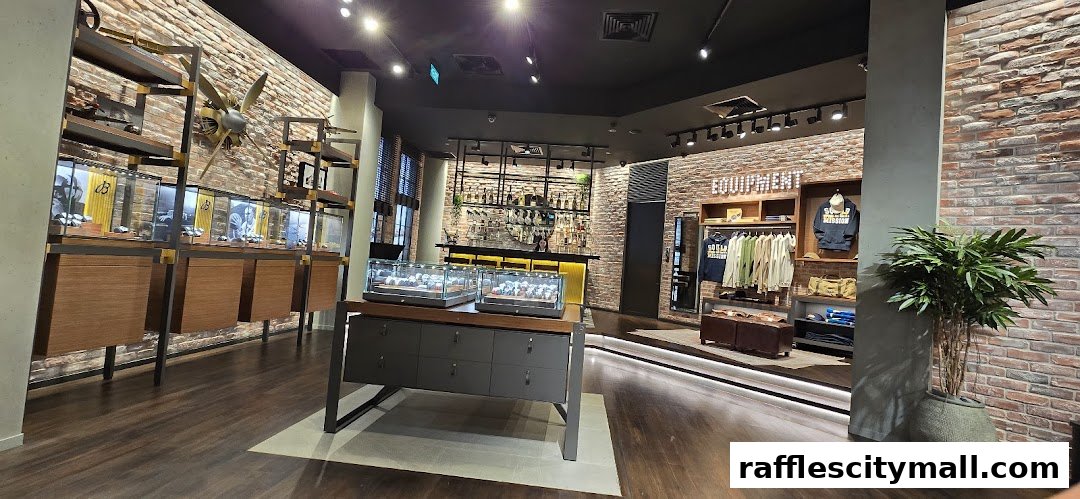 Interior of a Breitling boutique showcasing watches, apparel, and a bar area.