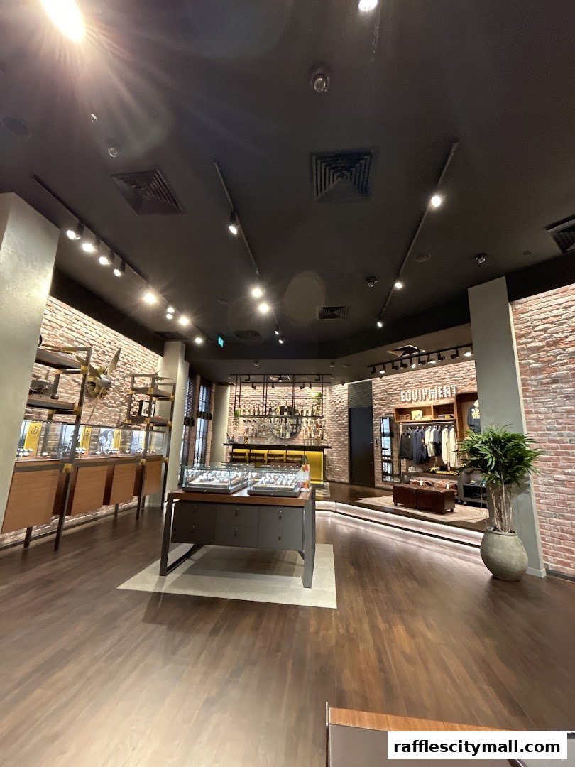 Interior of a Breitling boutique showcasing watches and apparel with a modern, luxurious design.