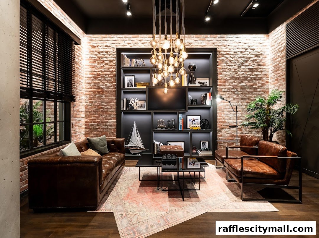 A stylish lounge area with leather sofas, brick walls, and a statement chandelier.