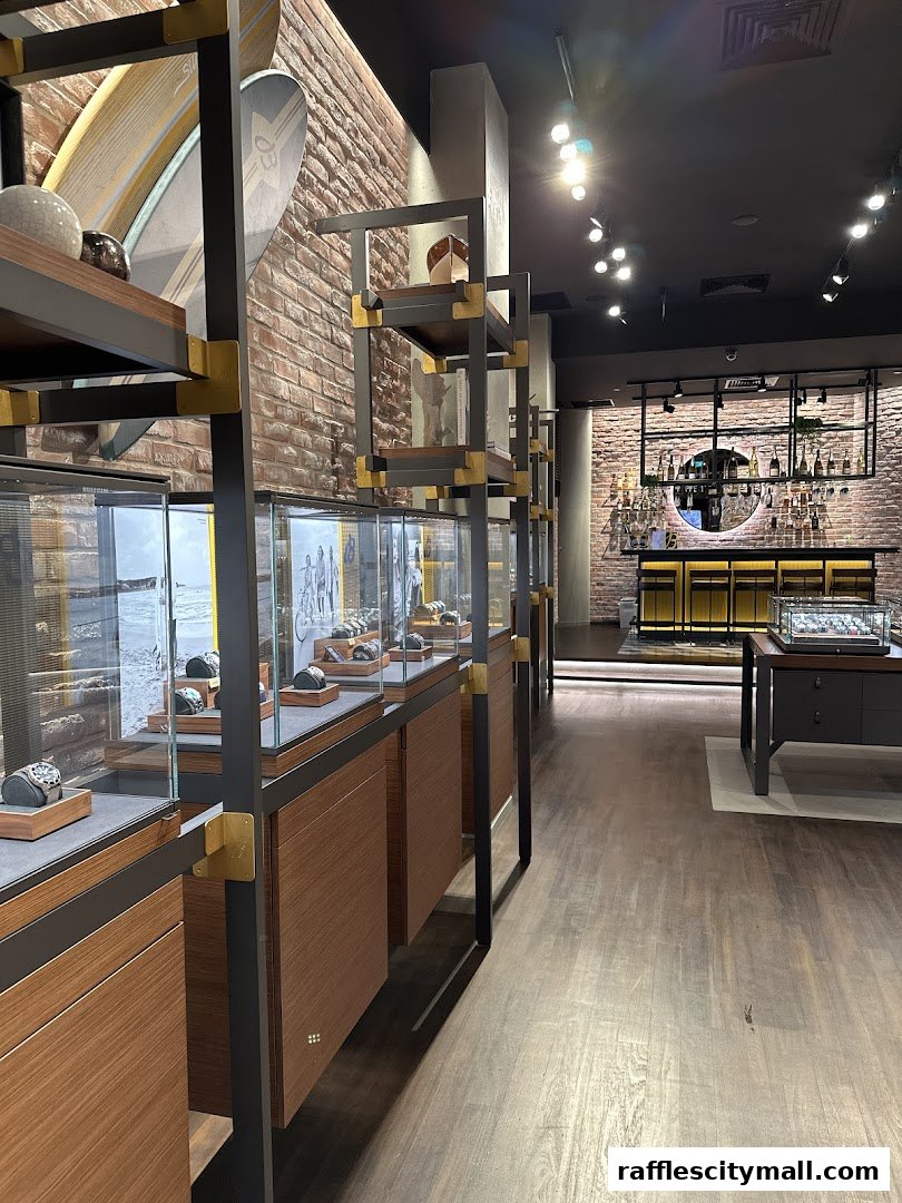 Interior view of a Breitling Boutique showcasing watches in display cases and a bar area.