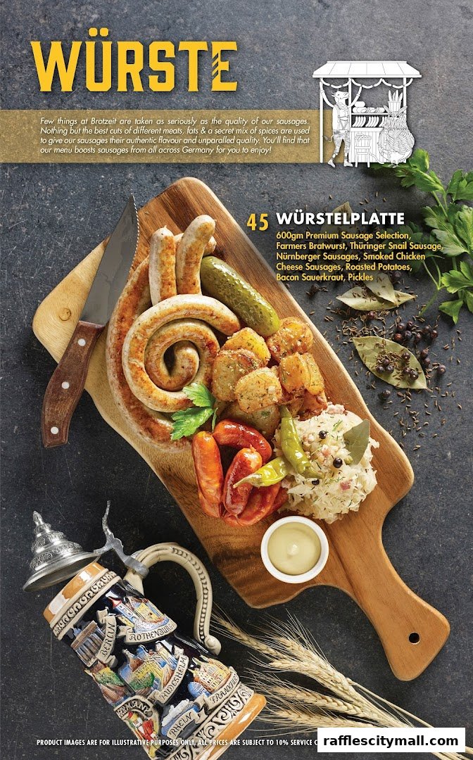 A platter of assorted German sausages, potatoes, sauerkraut, and a beer stein.
