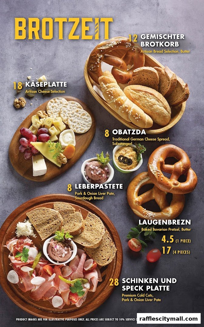 A menu showcasing various German bread, cheese, and meat platters with prices.
