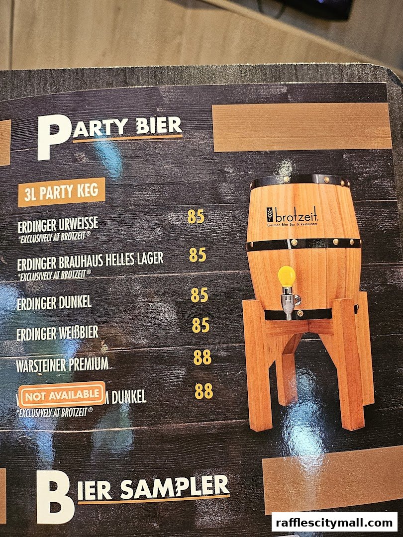 A menu section showcasing party beer kegs and beer samplers with prices.
