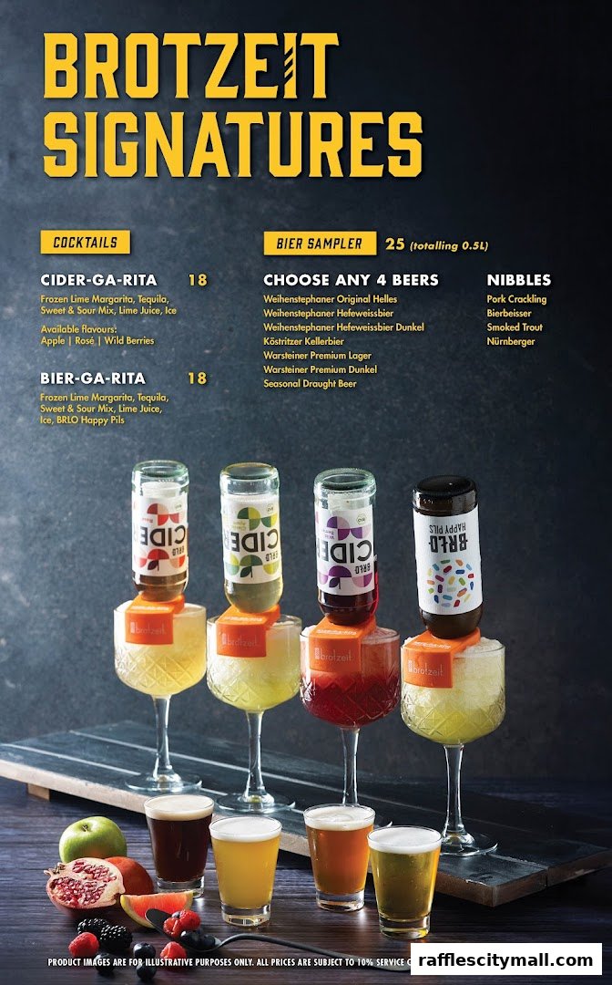 A menu showcasing Brotzeit's signature cocktails and beer sampler with accompanying nibbles.