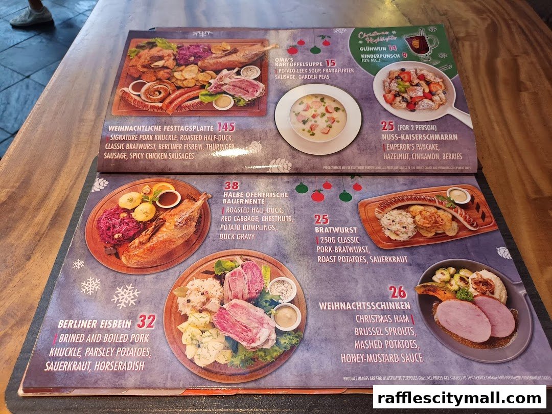 A menu featuring various German dishes with accompanying images and prices.