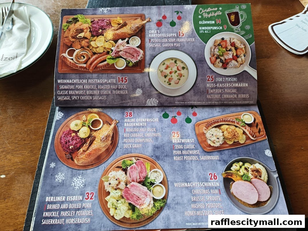 A menu from Brotzeit Raffles City featuring festive German dishes and drinks.