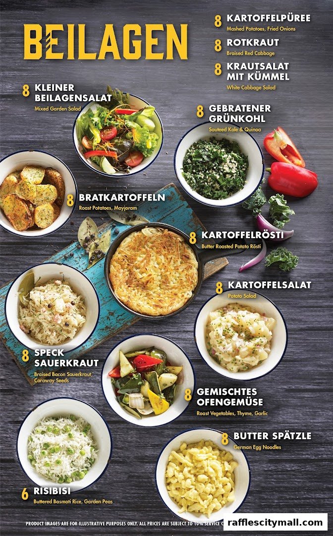 A menu showcasing various German side dishes with appetizing images and descriptions.