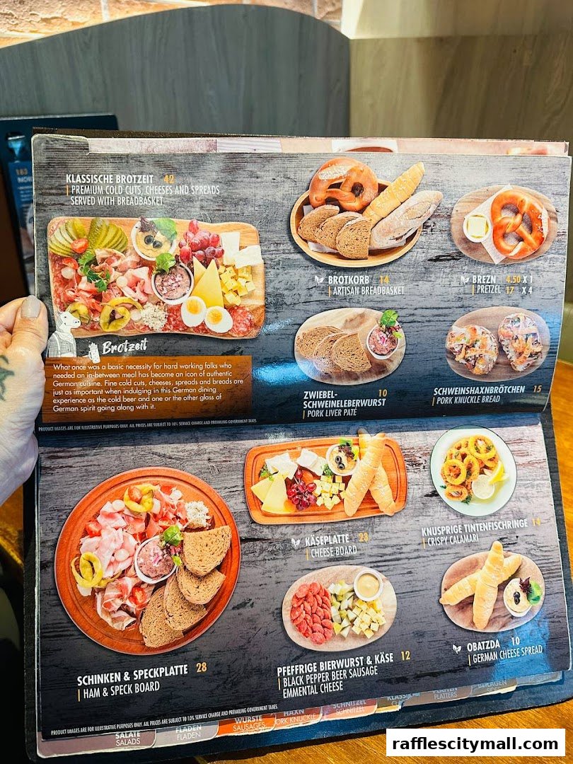 A menu from Brotzeit Raffles City featuring German cold cuts, cheeses, breads, and calamari.