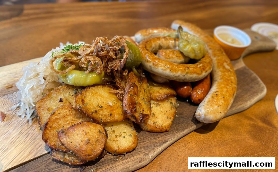 A platter of sausages, roasted potatoes, sauerkraut, and peppers on a wooden board.