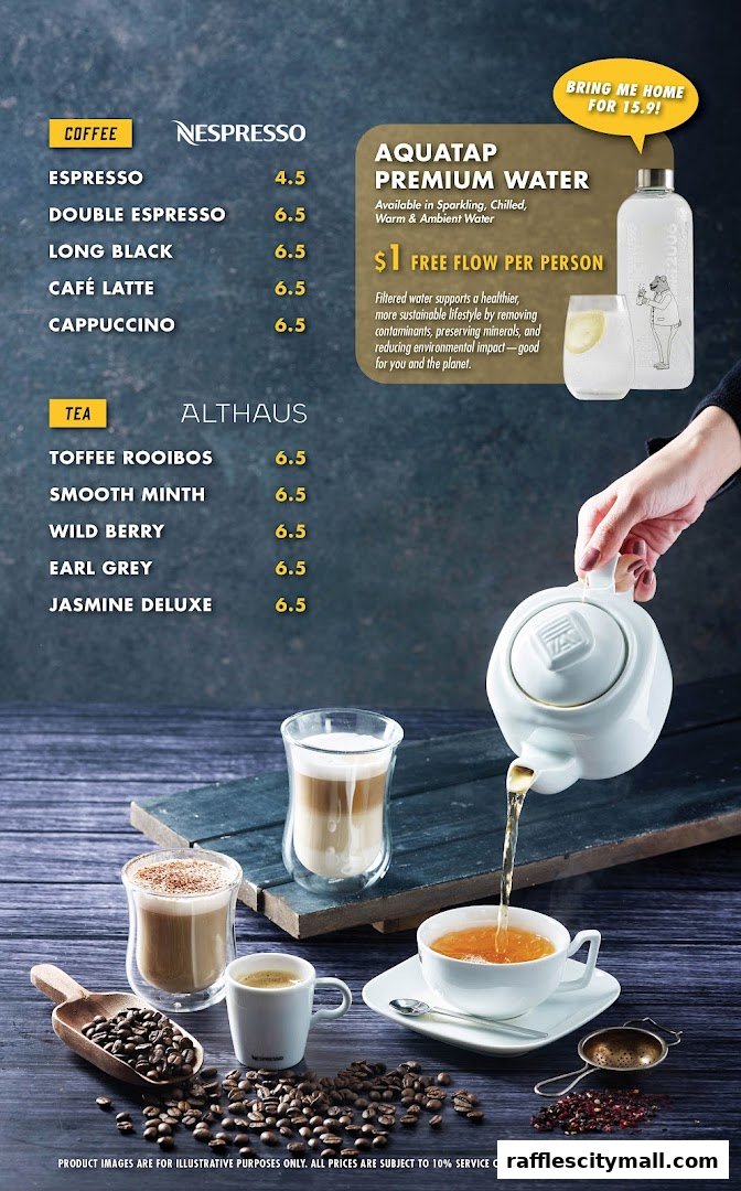 A menu showcasing Nespresso coffees and Althaus teas, with a promotion for Aquatap premium water.