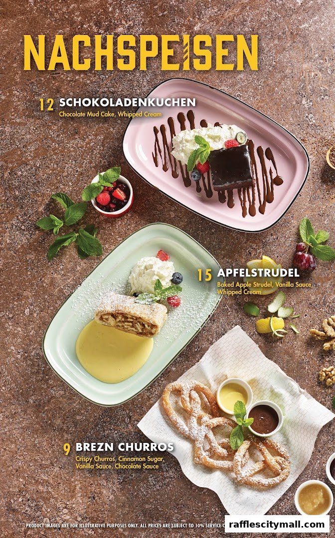 A menu featuring German desserts: chocolate cake, apple strudel, and churros.