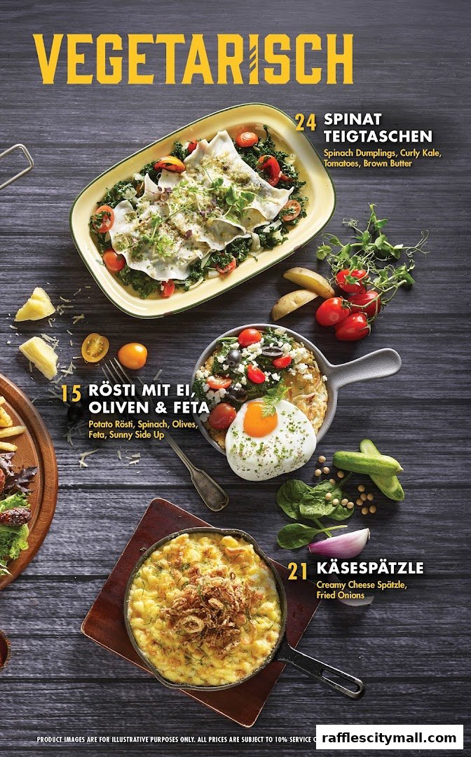 A vibrant menu showcasing three delicious vegetarian dishes with fresh ingredients.