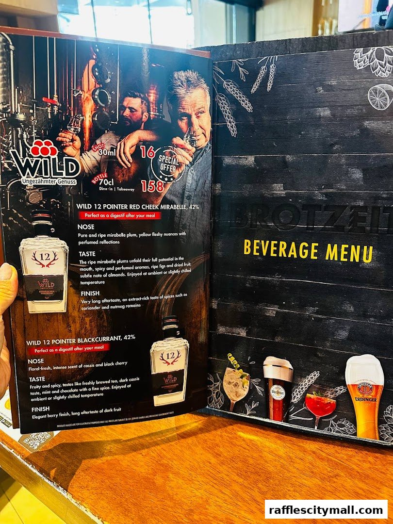 A beverage menu from Brotzeit Raffles City featuring Wild 12 Pointer spirits.
