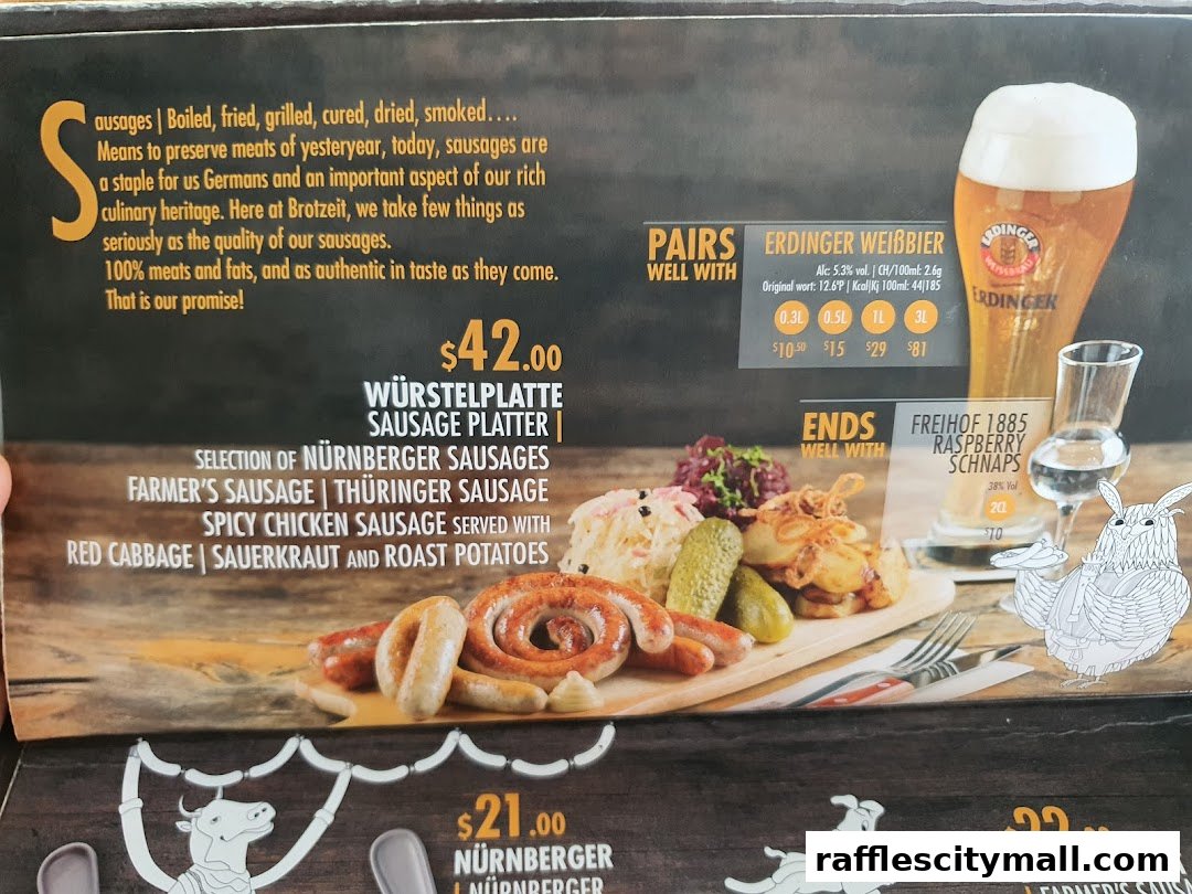 A menu featuring a sausage platter, German beer, and schnapps with accompanying descriptions and prices.
