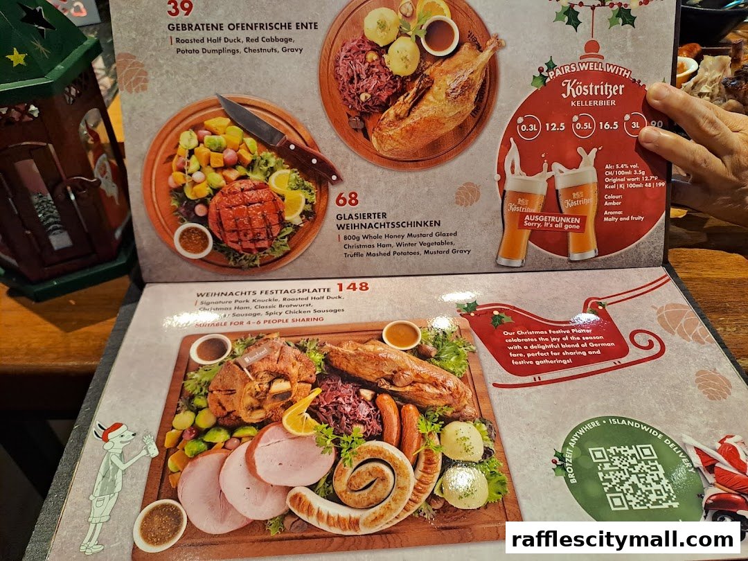 A menu featuring German festive dishes like roasted duck, glazed ham, and a sharing platter.