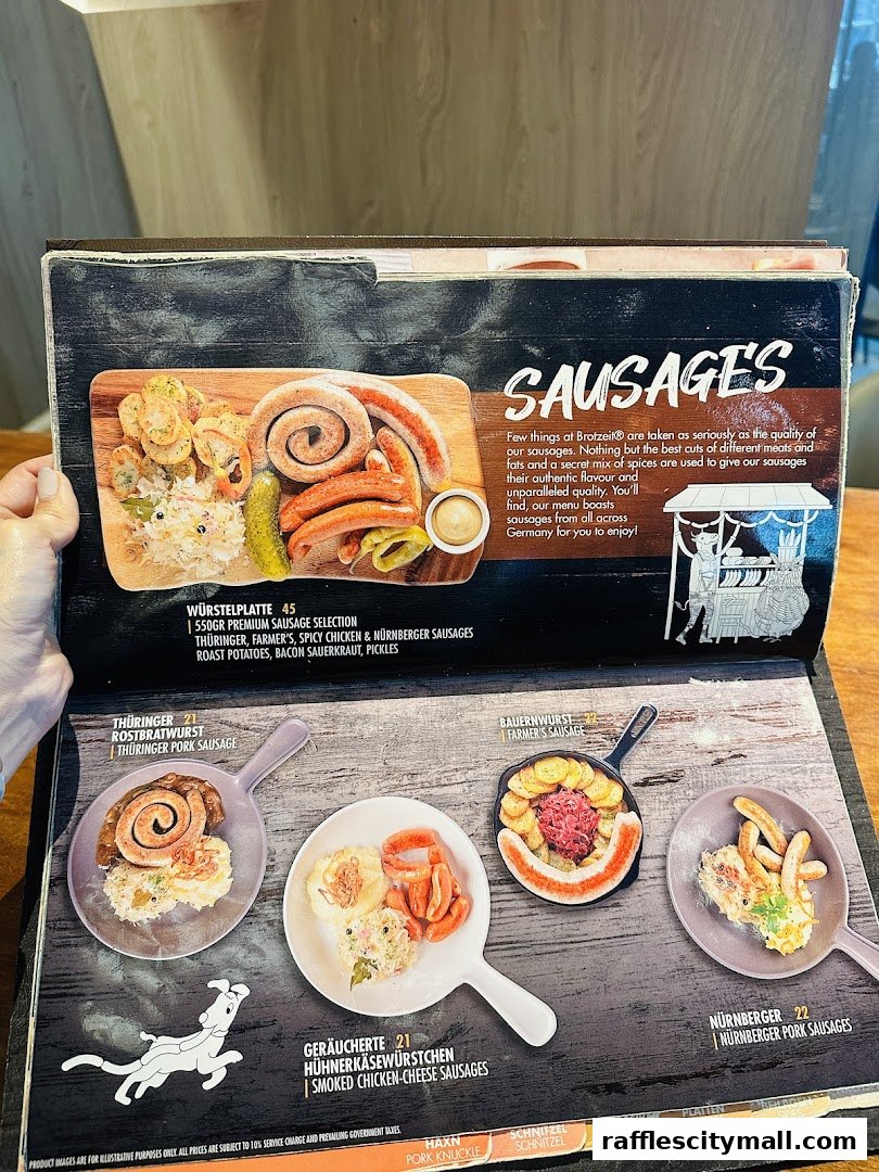 A menu page showcasing various German sausages and their accompaniments.