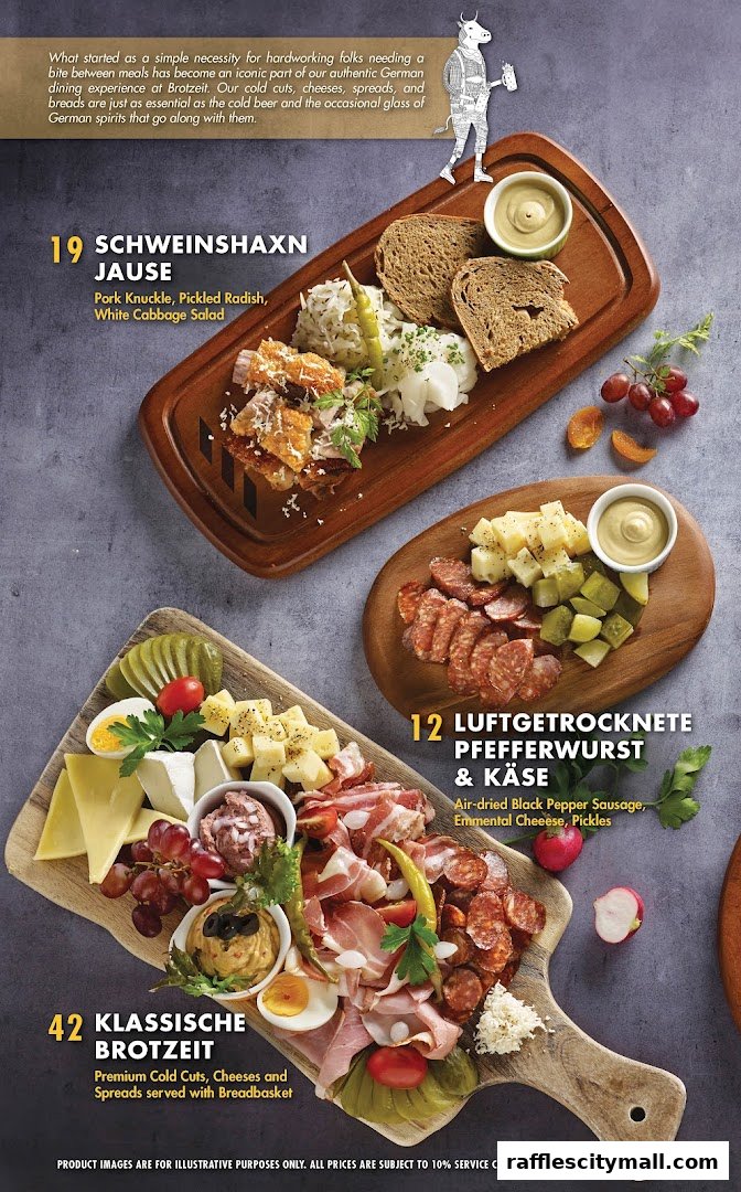 A menu showcasing German dishes like pork knuckle, cold cuts, and cheese platters.