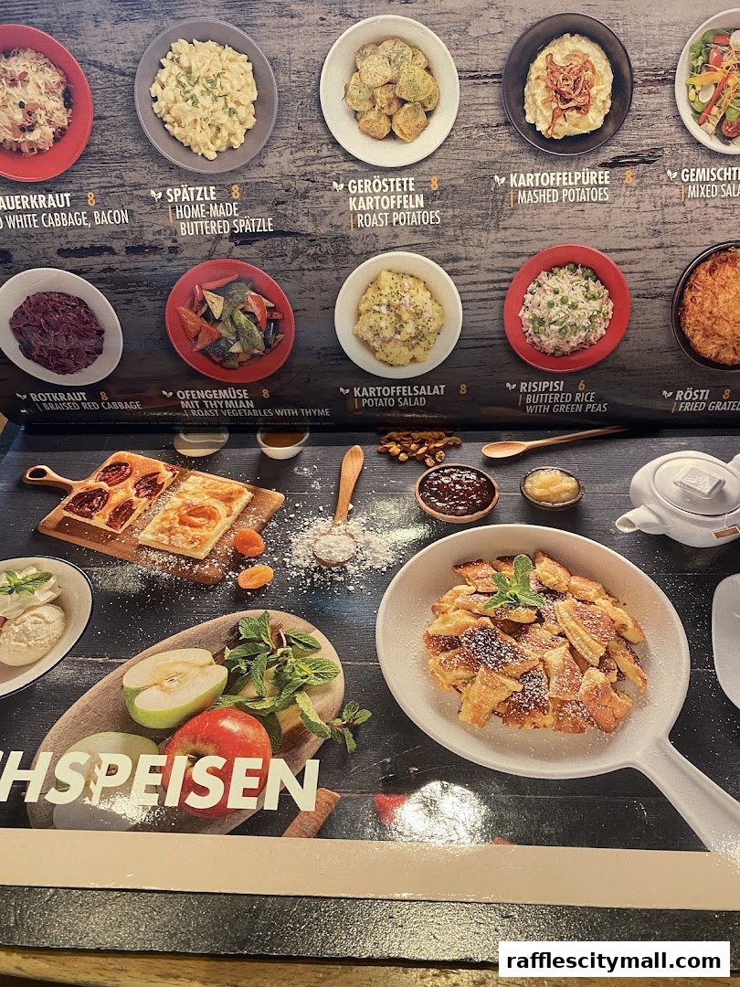 A menu display featuring various German dishes with accompanying images.
