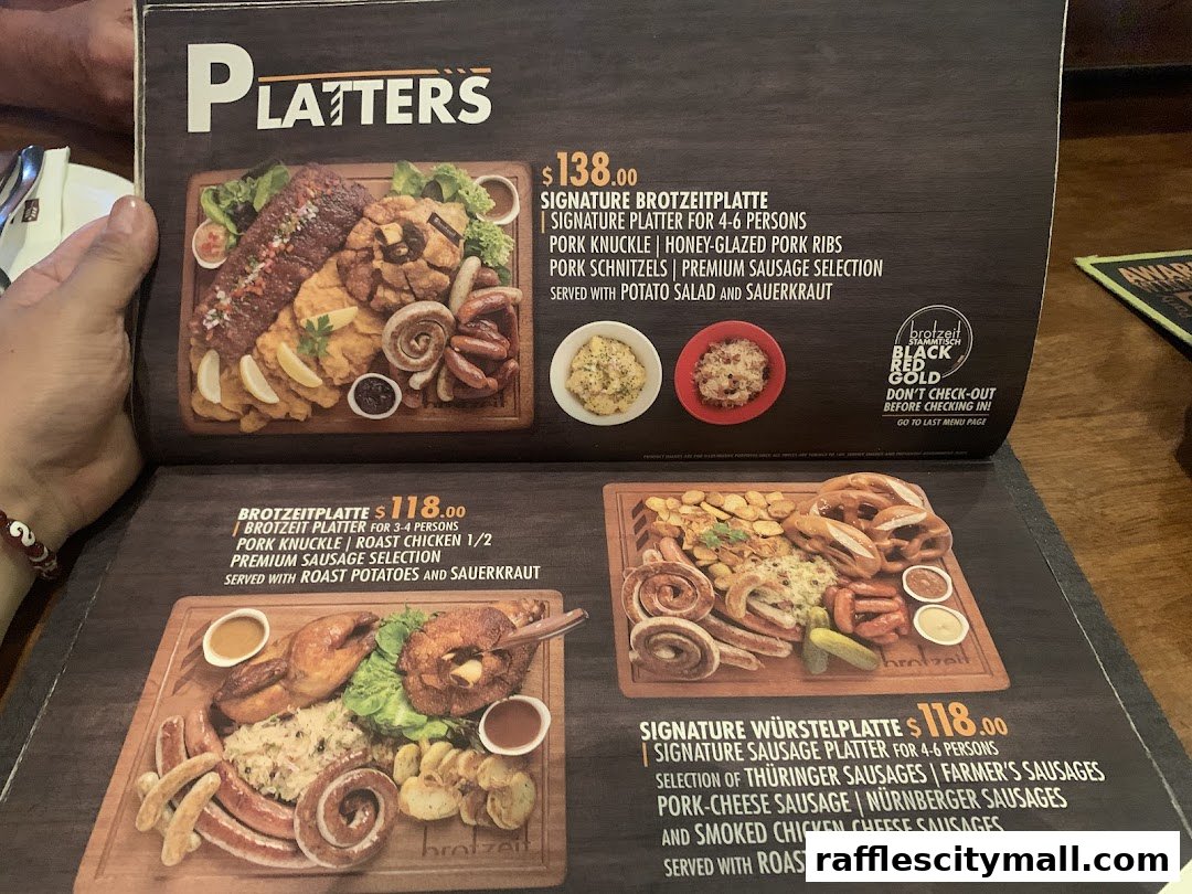 A menu showcasing various platters with German-inspired dishes, including sausages and pork.