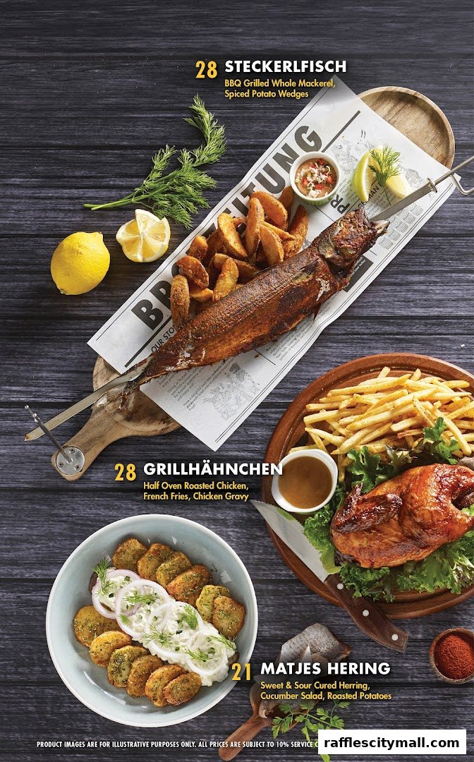 A menu featuring German dishes like grilled mackerel, roasted chicken, and herring.