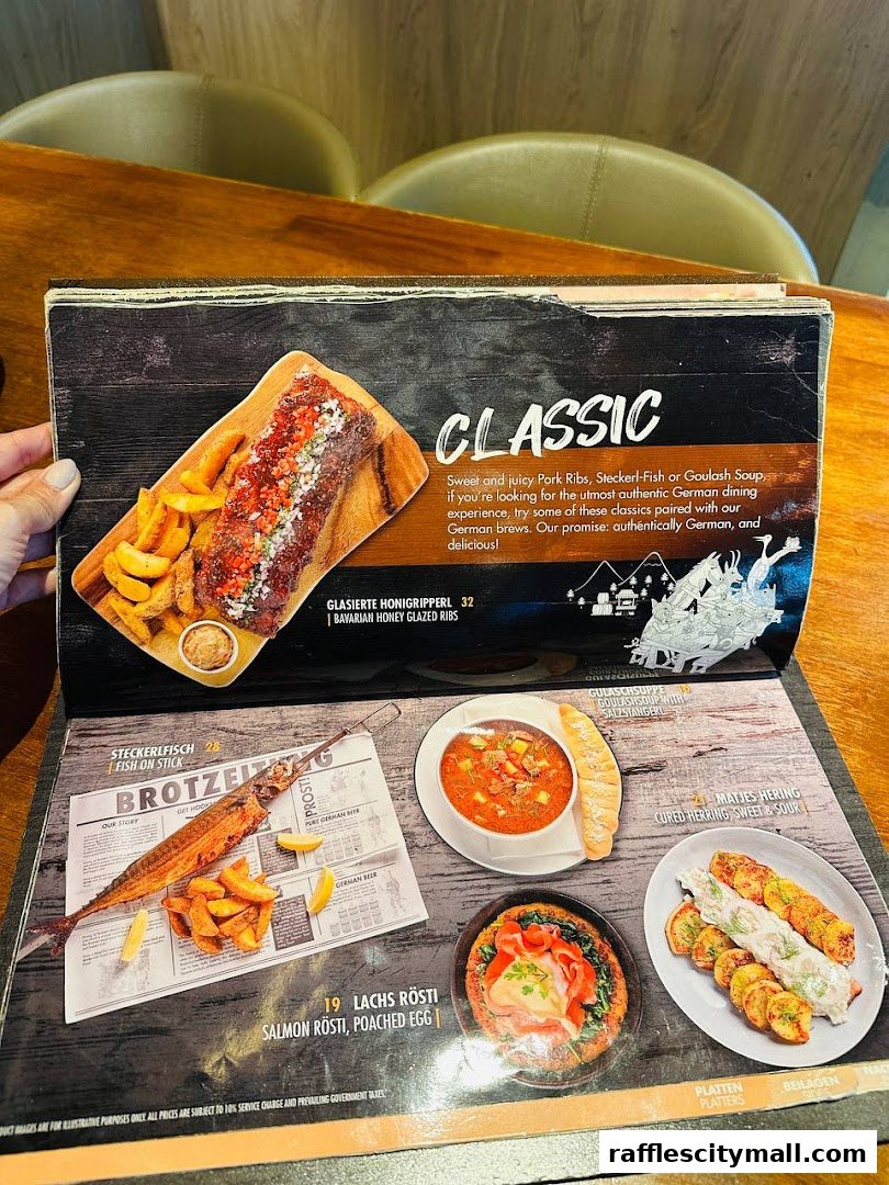 A menu from Brotzeit Raffles City featuring classic German dishes like ribs, fish, and soup.