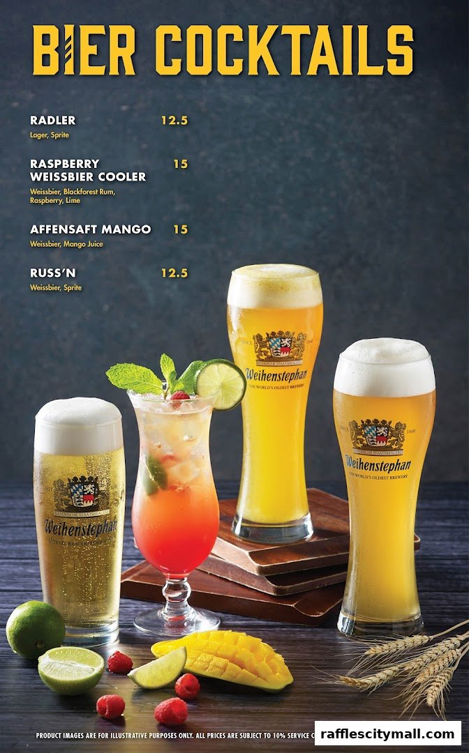 A menu showcasing various beer cocktails with ingredients and prices, alongside appealing images of the drinks.