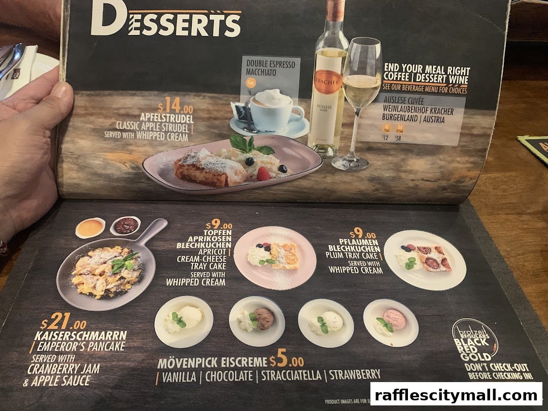 A menu page showcasing various desserts including apple strudel, plum tray cake, and ice cream.
