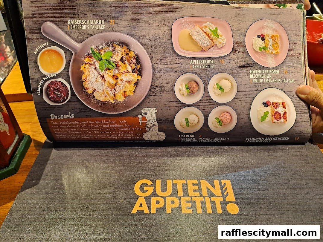 A menu showcasing various Austrian desserts with enticing images and descriptions.